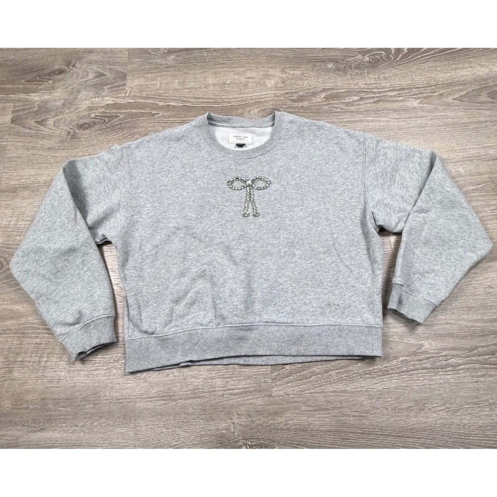 American Eagle Gray Rhinestone Bow Crewneck Sweatshirt Womens Small Relaxed Fit